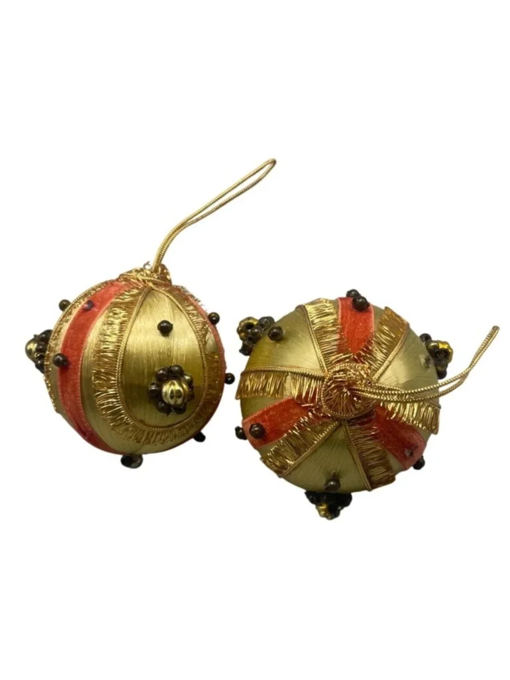 vintage set of 2 silk Christmas ornaments gold pink ribbon embellished felt READ